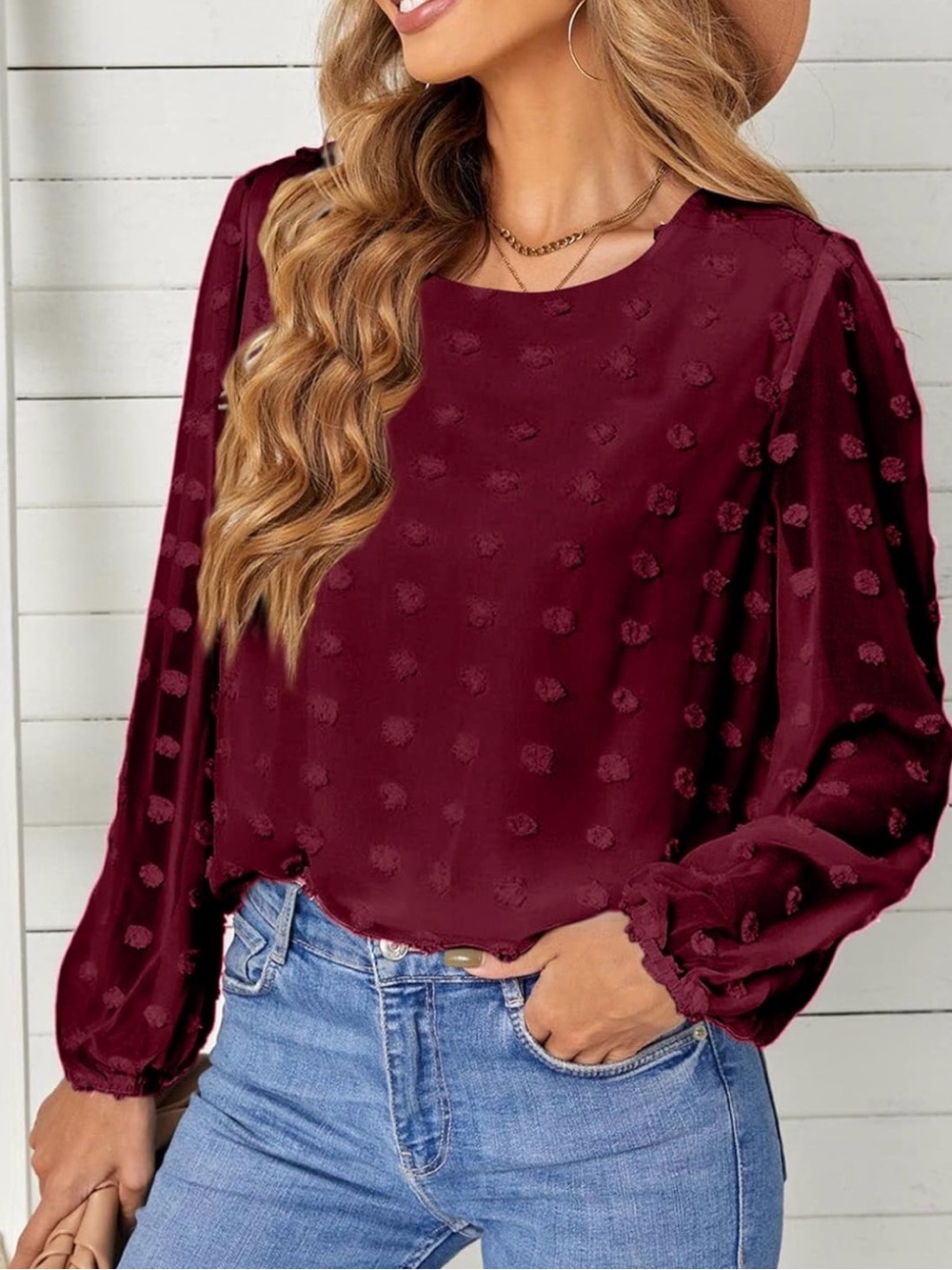 Women's Pom-Dot Chiffon Blouse - Wine